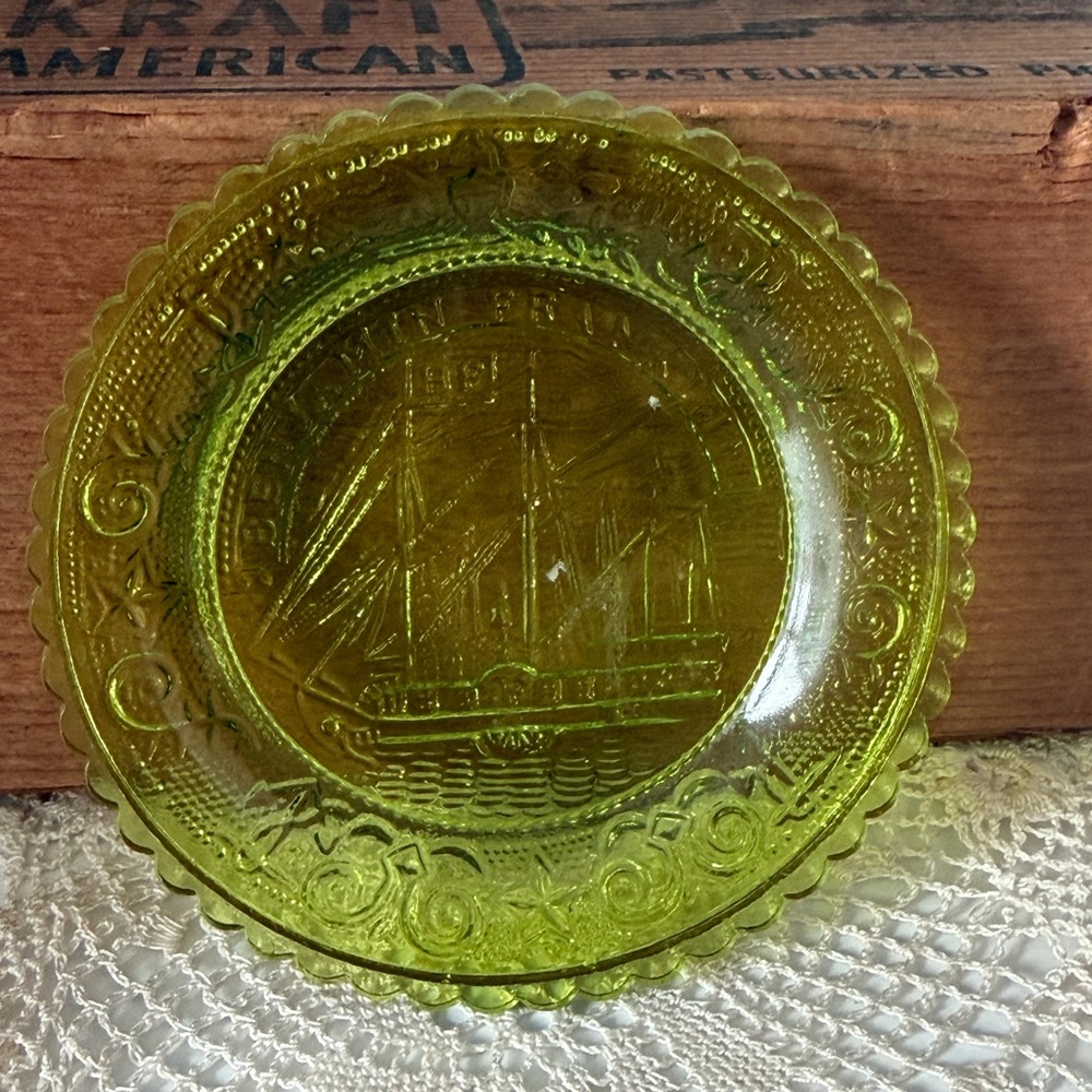 Vintage Green Pressed Glass Plate (Butter Pat size) featuring Benjamin Franklin